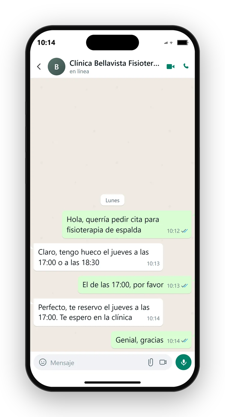 Conversación de WhatsApp en la que el agente confirma una cita al cliente.